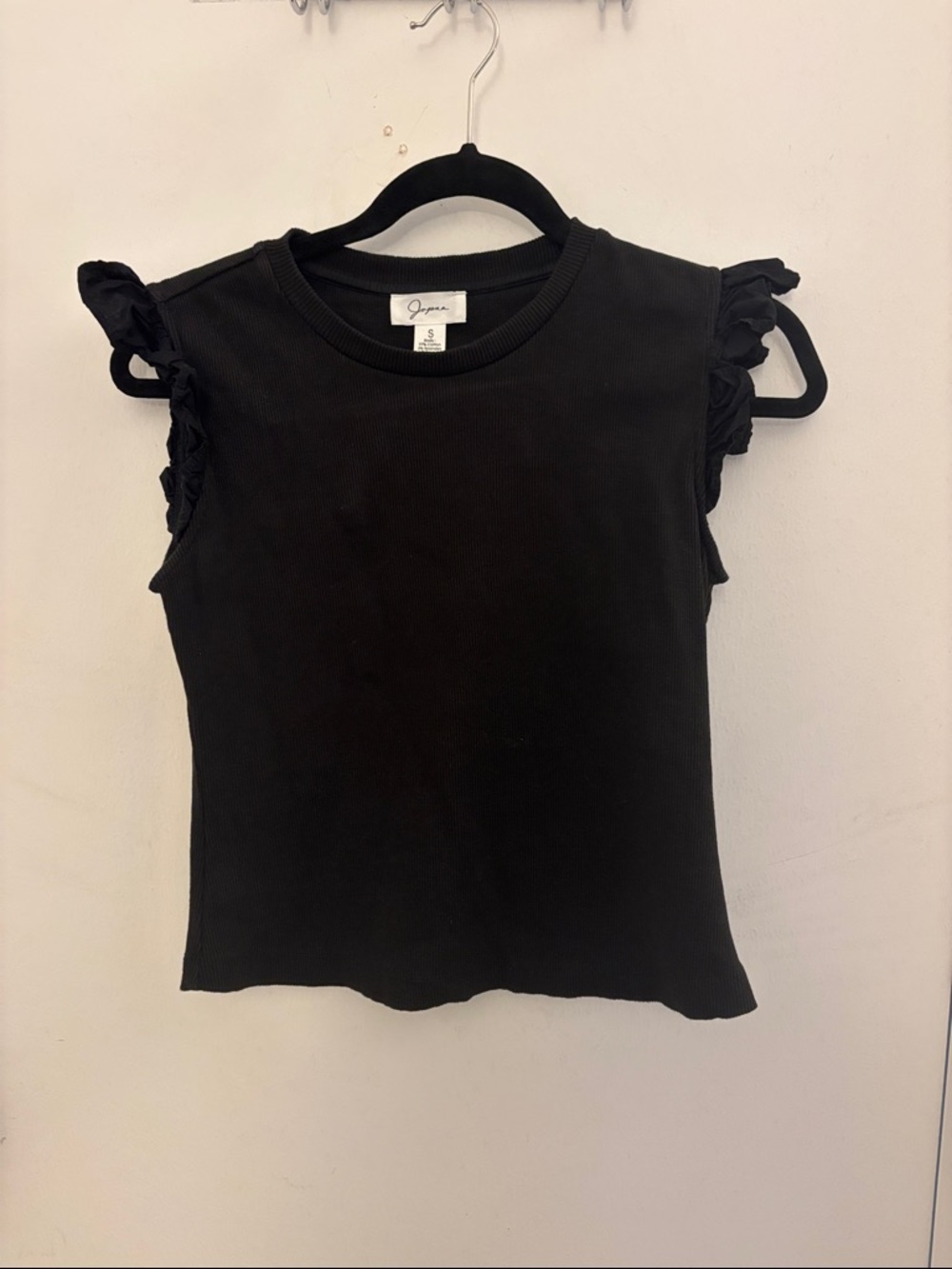 Japna Black Ribbed Tank Top with Ruffle Cap Sleeves